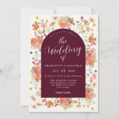 ボホ素朴ワイルドフラワー結婚ブルゴーニュ 招待状 (正面)