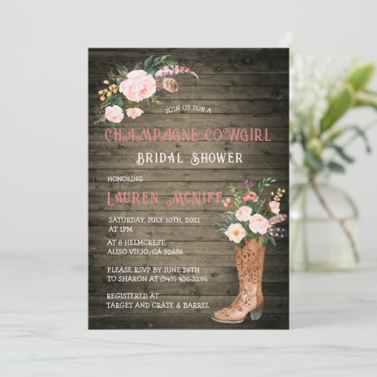 ボホ素朴女性のカーボーイフローラブーツブライダルシャワー 招待状 (スタンド正面)
