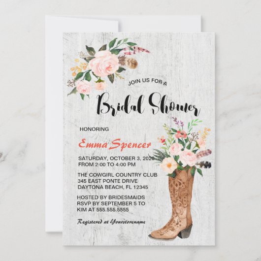 ボホ素朴女性のカーボーイフローラブーツブライダルシャワーl 招待状 (正面)