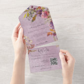 ボホ素朴宝石トーンパープル花模様QRコード オールインワン招待状 (貼ってはがせる)