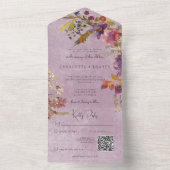 ボホ素朴宝石トーンパープル花模様QRコード オールインワン招待状 (内側)