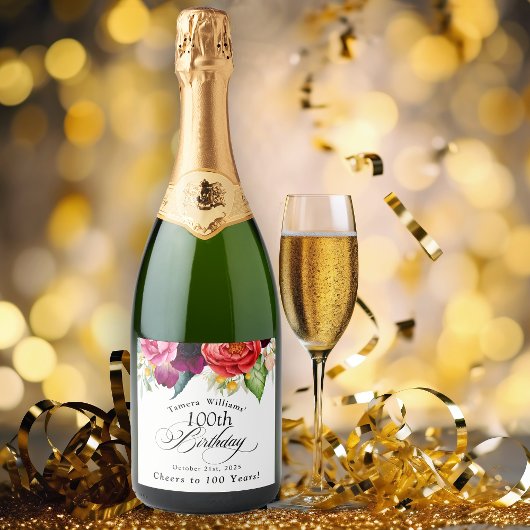 ボホ素朴水彩フローラ100誕生日 スパークリングワインラベル