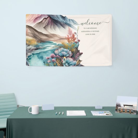 ボホ素朴水彩山結婚の旗 横断幕 (トレードショー)