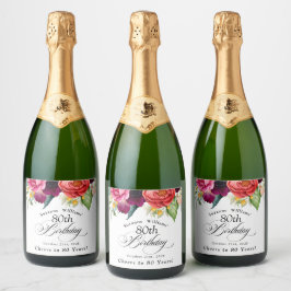 ボホ素朴水彩色フローラ80誕生日 スパークリングワインラベル