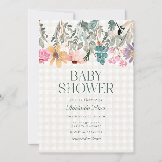 ボホ素朴水彩野草赤ちゃんシャワー 招待状 (正面)