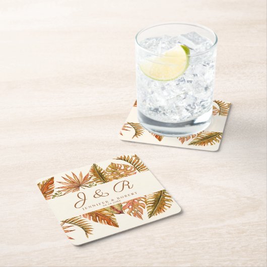 ボホ素朴秋の紅葉モノグラム結婚ズ スクエアペーパーコースター (インサイチュ)