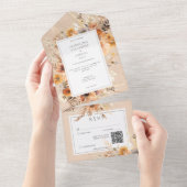 ボホ素朴秋ピーチ&錆フローラQRコード オールインワン招待状 (貼ってはがせる)