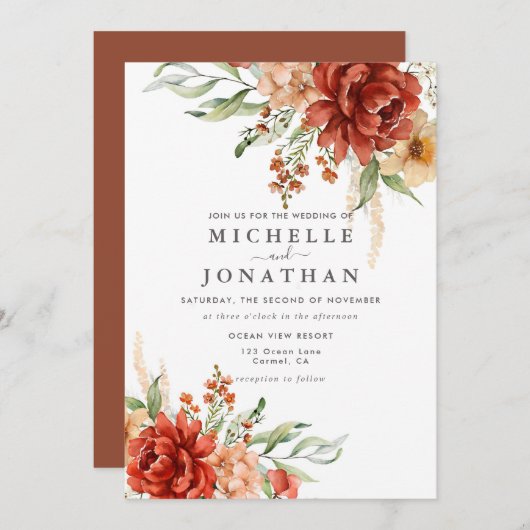 ボホ素朴秋フラワーズ結婚式招待状 招待状 (正面/裏面)
