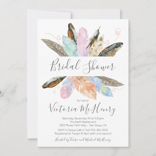 ボホ素朴羽ウォーター色ブライダルシャワー 招待状 (正面)