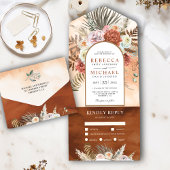 ボホ素朴自然フローラアーチテラコッタ結婚ス オールインワン招待状