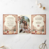 ボホ素朴自然フローラインディアン結婚牛 三つ折り招待状 (内部)