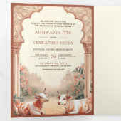 ボホ素朴自然フローラインディアン結婚牛 三つ折り招待状 (内部最初)