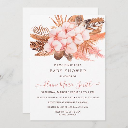 ボホ素朴赤面パンパスグラスガールベイビーシャワー 招待状 (正面/裏面)