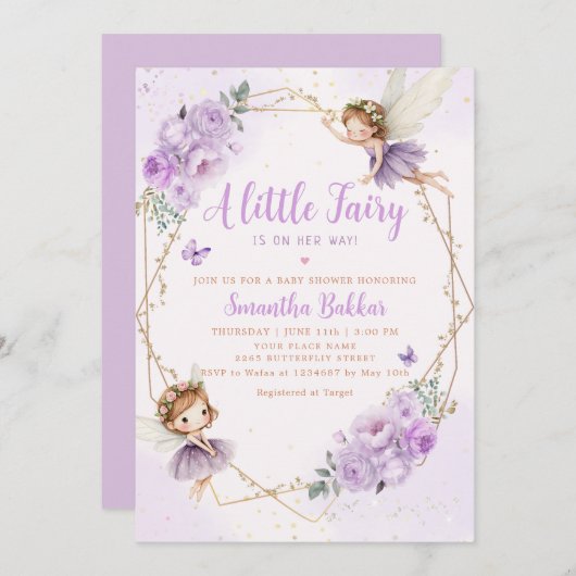 ボホ紫モダン小さな妖精の女の子の赤ちゃんシャワー 招待状 (正面/裏面)