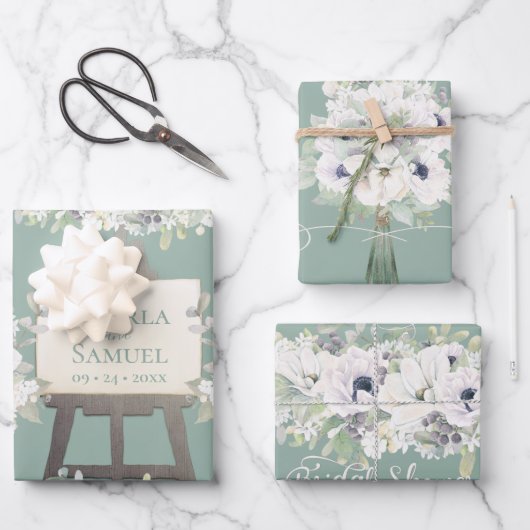 ボホ結婚のセージ水カラーフローラブライダルシャワー ラッピングペーパーシート (正面)