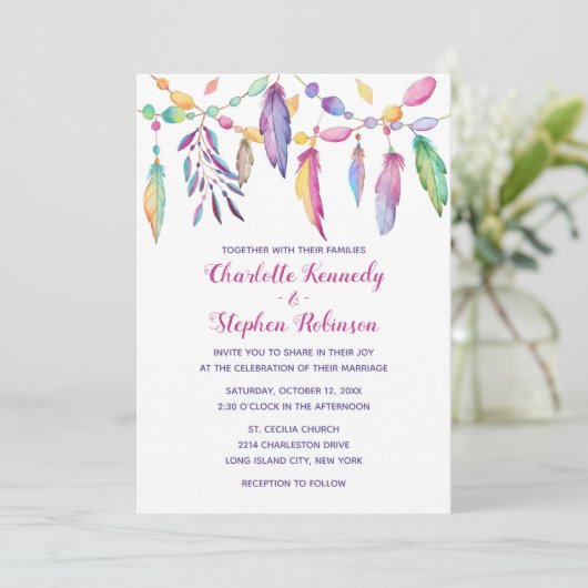 ボホ結婚の紫色の羽毛先住民 招待状 (スタンド正面)