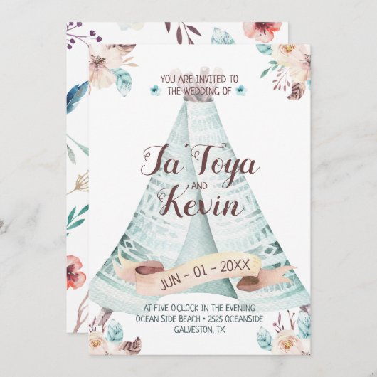 ボホ結婚式招待状ウォーターカラーフローラテペ 招待状 (正面/裏面)