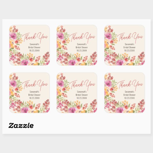 ボホ絵を描フローラブライダルシャワーありがとう スクエアシール (シート)