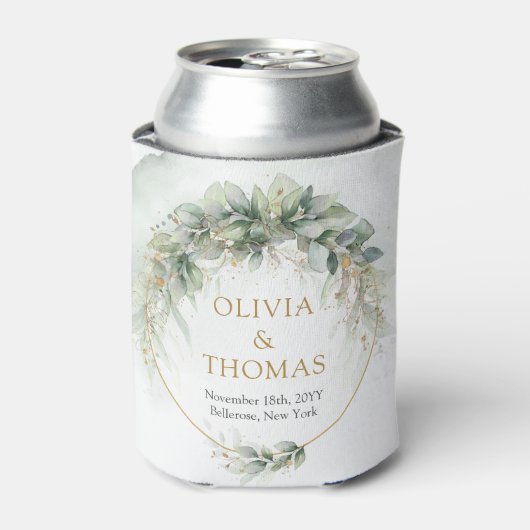 ボホ緑のユーカリの葉金ゴールド楕円 缶クーラー (缶正面)