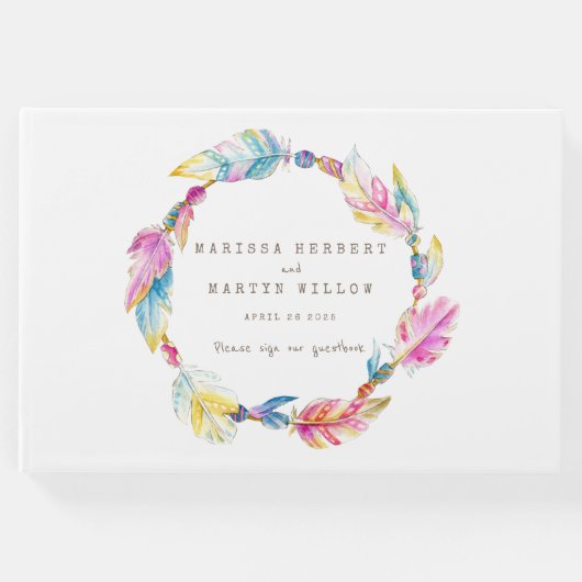 ボホ羽毛ウォーター色のカラフル結婚のゲストブック ゲストブック (正面)