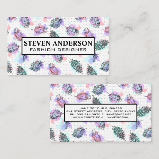 ボホ羽毛模様の背景 名刺 (正面/裏面)