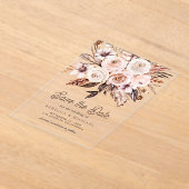 ボホ自然アイボリーフローラ結婚式の日付を保存 アクリル招待状 (レイダウン)