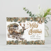 ボホ自然トーン緑の金ゴールドトナカイとキャリッジ シーズンカード (スタンド正面)