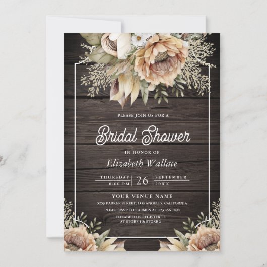 ボホ自然フローラトープ写真木材ブライダルシャワー 招待状 (正面)