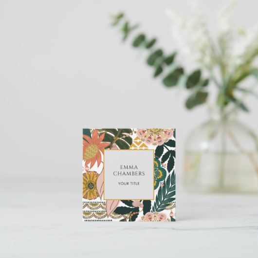 ボホ自然ブラウンブラックトロピカルフローラ スクエア名刺 (スタンド正面)
