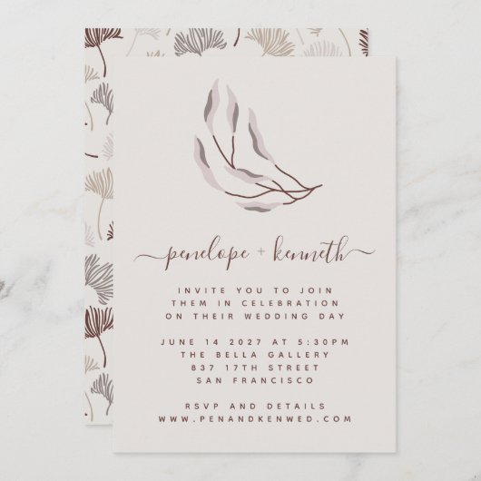 ボホ自然ブルゴーニュとタウペ結婚ボタニカル 招待状 (正面/裏面)