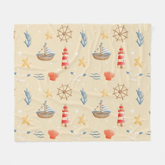 ボホ航海のボートライトハウスパターン フリースブランケット (正面(横))