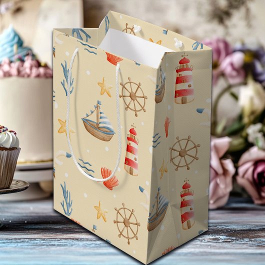 ボホ航海のボートライトハウスパターン ミディアムペーパーバッグ
