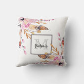 ボホ花模様は白いピンクガーリーを羽毛モノグラムの クッション (裏面)