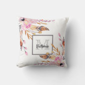 ボホ花模様は白いピンクガーリーを羽毛モノグラムの クッション (正面)