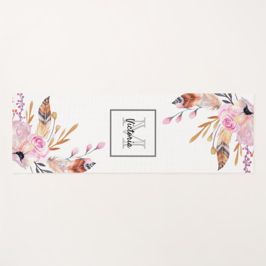 ボホ花模様は白いピンクガーリーを羽毛モノグラムの ヨガマット (正面(横))