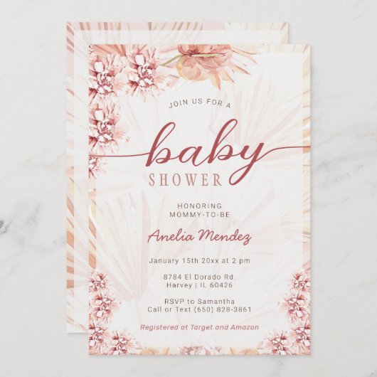 ボホ花模様ニュートラルベビーシャワーボヘミアンオーキッド 招待状 (正面/裏面)