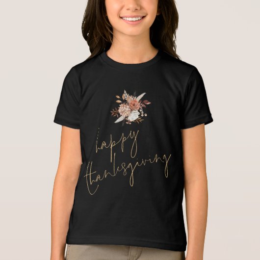 ボホ花模様金ゴールド文字ハッピーサンクスギビング トライブレンドＴシャツ (正面)