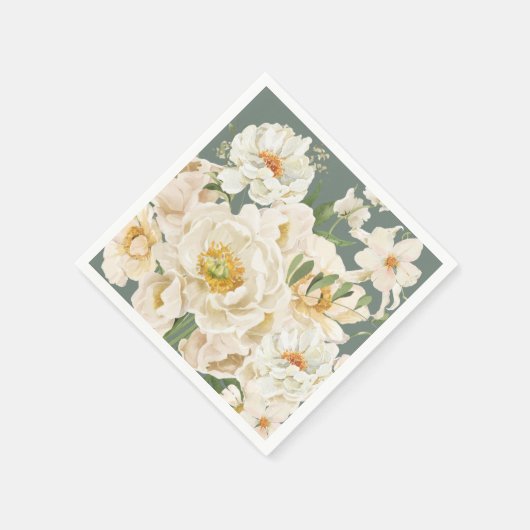 ボホ花水彩フローラ葉セージ緑 スタンダードカクテルナプキン (角)