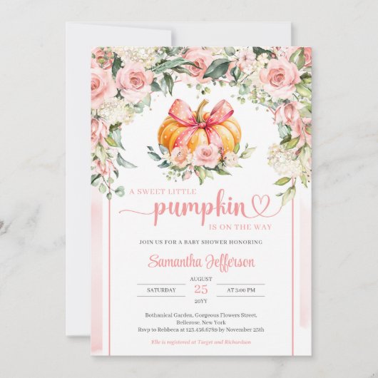 ボホ華やかな水彩赤面フローラカボチャのアーチ 招待状 (正面)