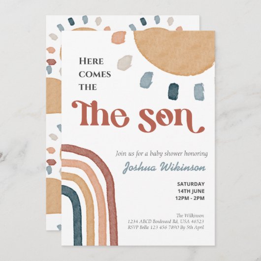 ボホ虹ここ来の息子の赤ちゃんシャワー 招待状 (正面/裏面)