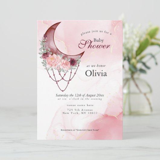 ボホ赤ちゃんシャワーピンク三日月曼荼羅 招待状 (スタンド正面)