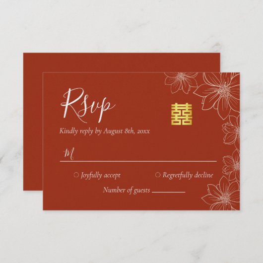 ボホ赤モダン中国のフローラ結婚ズ 出欠カード (正面/裏面)