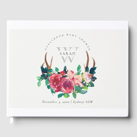 ボホ赤素朴フローラスタッグ〔雄ジカの〕枝角ベビーシャワー ゲストブック (正面)