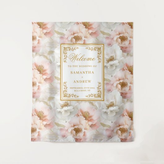 ボホ赤面アイボリー金ゴールド結婚フローラのタペストリー タペストリー (正面)