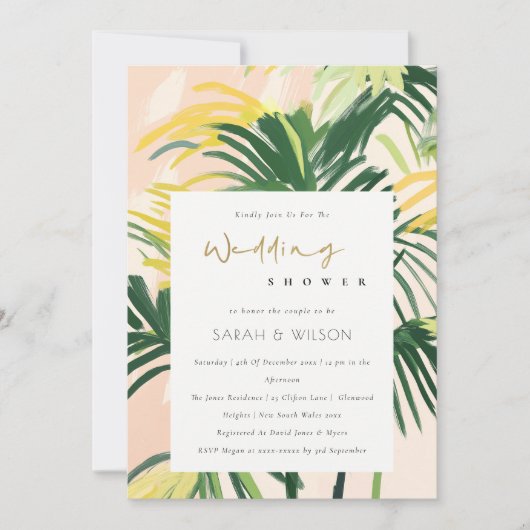 ボホ赤面グリーントロピカルパームウェディングシャワー 招待状 (正面)