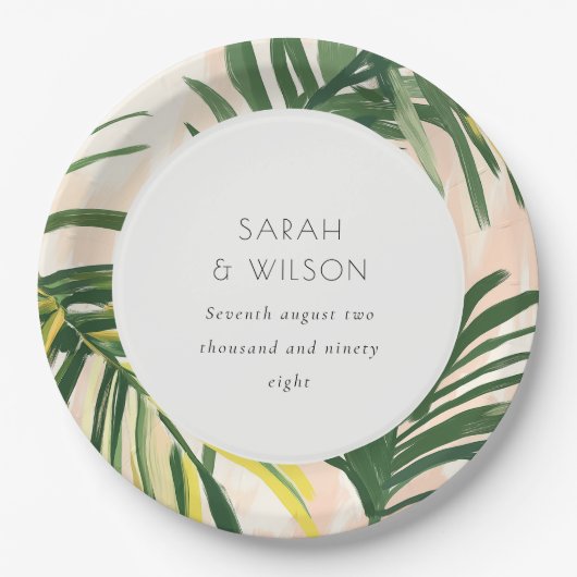 ボホ赤面グリーントロピカルパームビーチ結婚式 ペーパープレート (正面)