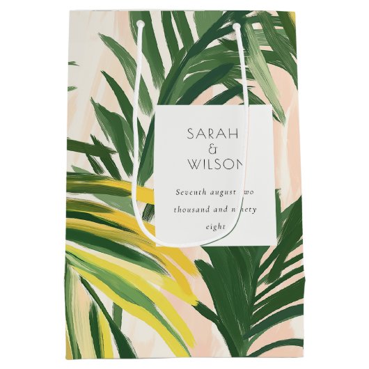 ボホ赤面グリーントロピカルパームビーチ結婚式 ミディアムペーパーバッグ (裏面)