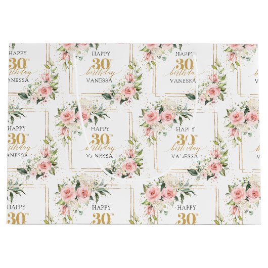 ボホ赤面バラグリーン金ゴールド30th誕生日抱き枕 ラージペーパーバッグ (正面)