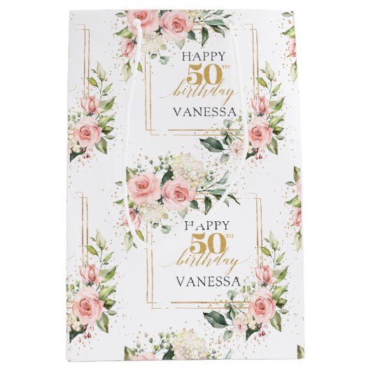 ボホ赤面バラセージ緑金ゴールド50誕生日 ミディアムペーパーバッグ (正面)