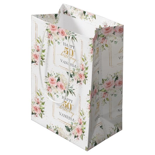 ボホ赤面バラセージ緑金ゴールド50誕生日 ミディアムペーパーバッグ (正面アングル)